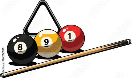 A set of colorful pool balls and a cue stick on a plain background silhouette