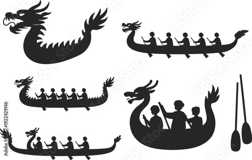 Black silhouette icons of dragon boats and dragon heads on white background Keywords: dragon boat, dragon, boat, race, rowing