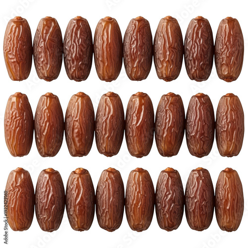 A neatly arranged grid of dates on a white background, showcasing their brown color and texture.
