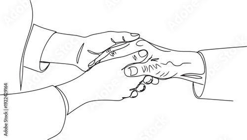 Doctor holding patient's hand. Medical care and empathy concept line art sketch.