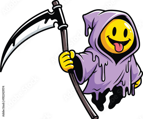 A cartoon character dressed as the grim reaper with a smiley face is holding a scythe in a playful pose silhouette