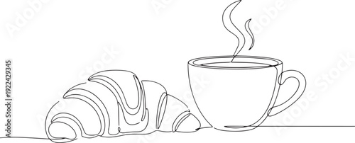 Hot coffee cup and croissant line art. Minimal breakfast cafe food illustration