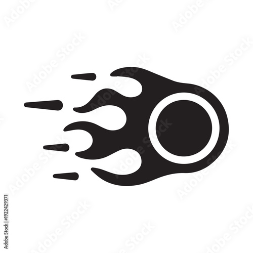 Flaming meteor fireball vector icon for speed and cosmic impact, black flaming comet silhouette illustration representing fast movement and energy on transparent background