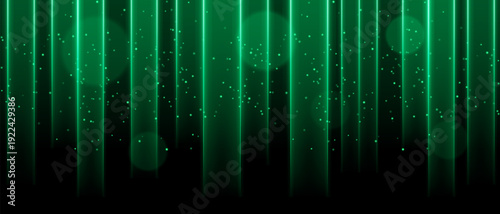 White vertical light curtain composition. Multiple glowing columns descending from top, scattered light dots, soft circular bokeh, dark backdrop, luminous haze atmosphere, abstract stage illumination.