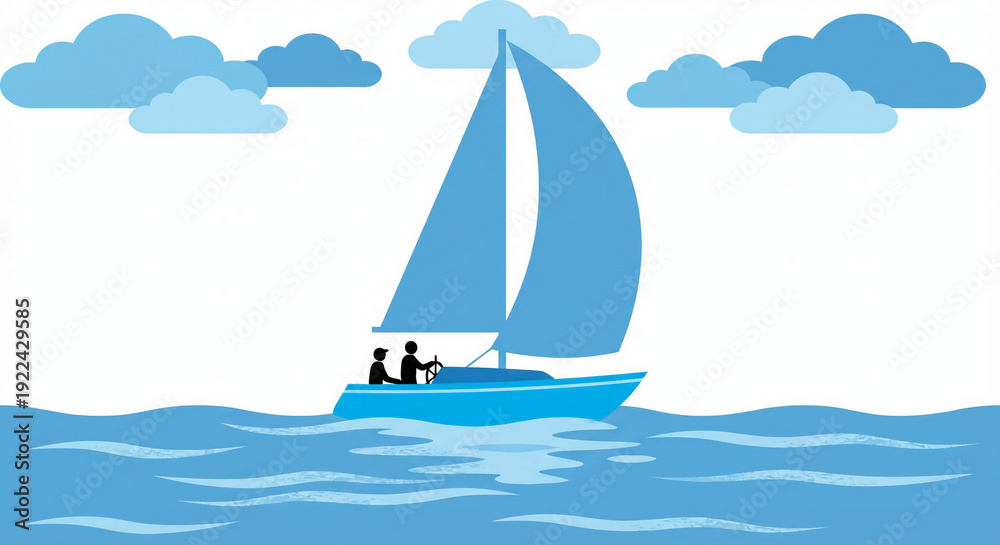 Fototapeta premium Sailboat with two people sailing on blue water under a cloudy sky vector illustration for travel and leisure concepts