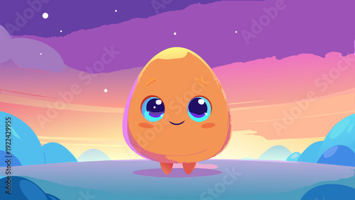 Cute cartoon vector illustration of a yellow baby chick and birds in a spring nest with Easter eggs on a farm under a blue sky