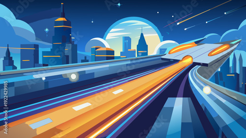 A blurred motion cityscape captures fast cars and traffic lights on an urban highway at night, creating an abstract trail of speed across the dark city landscape