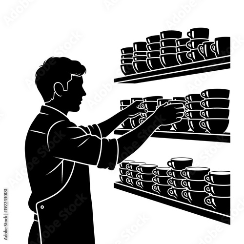 Barista Arranging Coffee Cups on Shelves