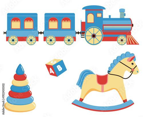 Collection of vintage illustrations featuring toys. Cartoon toy icons isolated objects vintage style children playtime fun elements set. Toy train, pyramid toy, rocking horse