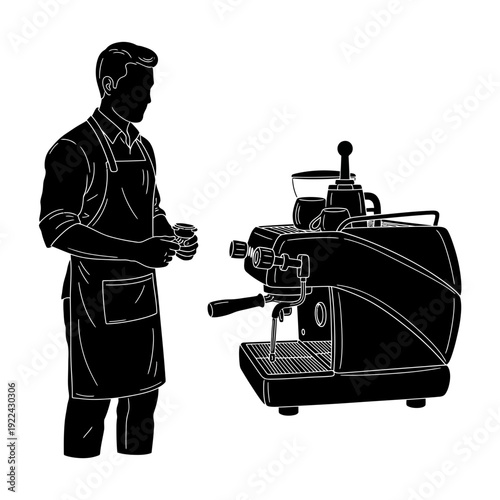 Barista making coffee with espresso machine, black and white silhouette.