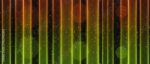 Yellow green vertical light curtain composition. Bright glowing columns golden upper tones fading into green lower glow, scattered spark particles, soft bokeh circles, dark backdrop, luminous gradient