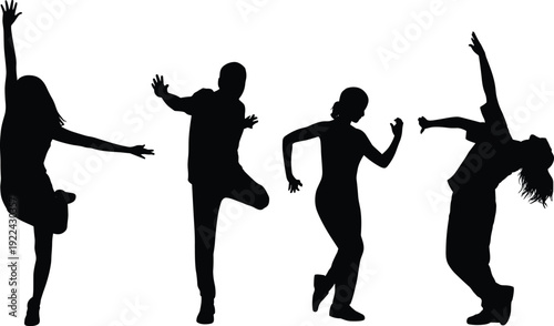 Four black silhouettes of people dancing energetically on white background Keywords: dance, dancing, silhouette, people