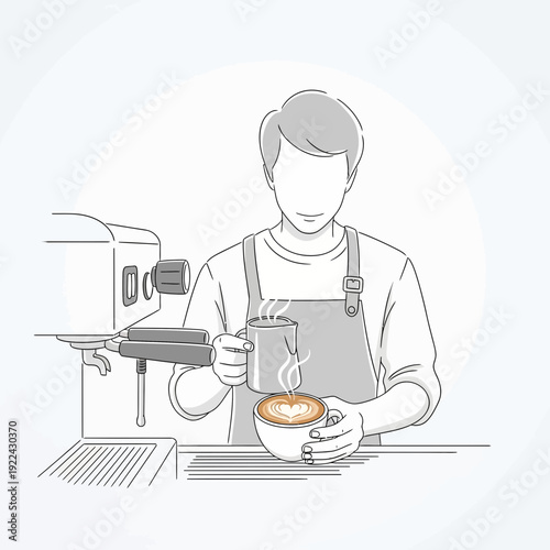 Barista making latte art with coffee machine and milk pitcher