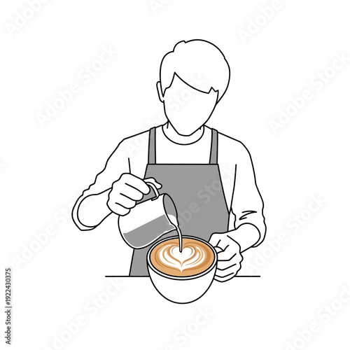 Barista making latte art, pouring milk into coffee, white background