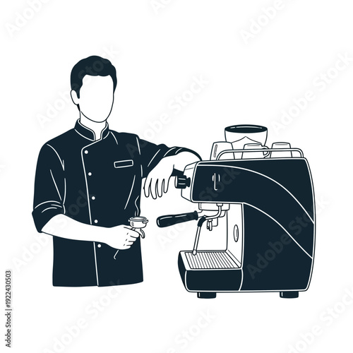 Barista prepares coffee with espresso machine, illustration