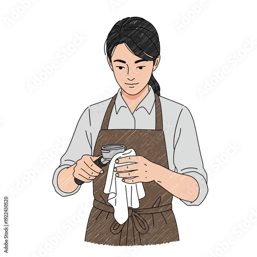 Barista preparing espresso portafilter with cloth