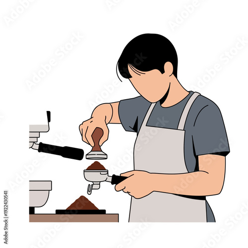 Barista preparing espresso with tamper and portafilter on coffee machine