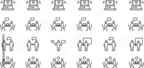 Grid Of Business Meeting And Technology Icons In Black Outline Keywords: business, meeting, technology, icon, set, collection