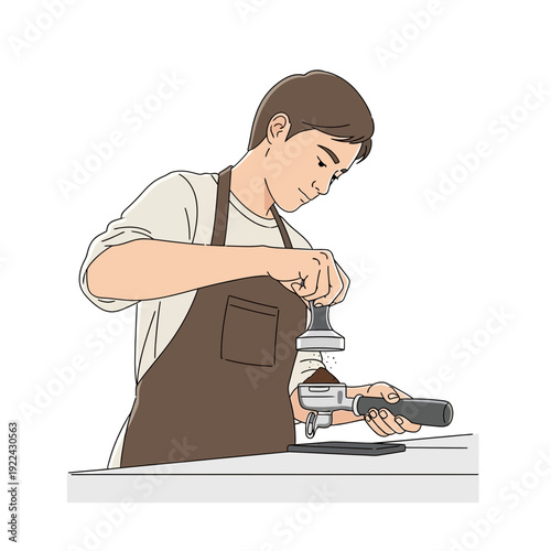 Barista tamping coffee grounds in portafilter, preparing espresso