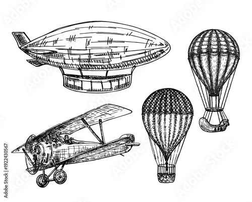 Vintage Transportation. Vintage aircrafts transport sketch style illustration. Old engraving imitation. Air transport hand drawn sketch. Balloon, Dirigible or Zeppelin, Airplane. Line Drawing