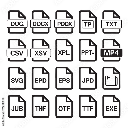 Set of file format icons for document extensions and digital software types including doc docx pdf txt csv svg eps jpd and exe on transparent background vector illustration