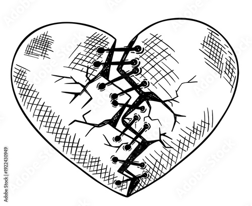 Broken heart with sewn stitches. Stitched heart Sketch. Breakup or divorce, heartbreak regret, separated couple, tragic love. hand drawn illustration isolated on white background