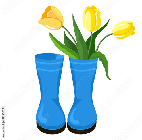 Beautiful flowers in rubber boot. Spring composition in cartoon style. Spring boots with tulips. Hello spring. Holiday design for women's day