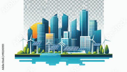 Sustainable Smart City Illustration with Wind Turbines and Solar Panels. Green Urban Development and Eco-Friendly Architecture on Transparent Background.