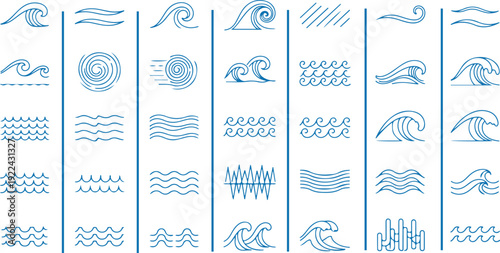 Ocean wave elements, sea wave collection. Abstract zigzag line design. Water emblem and logo vector set eps