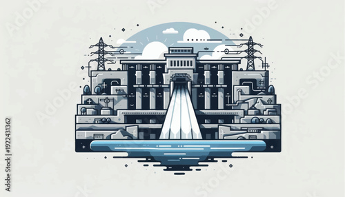 Hydroelectric Power Dam Vector Illustration. Clean Renewable Energy Generation Concept.