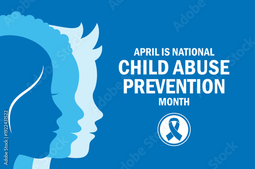 April is National Child Abuse Prevention Month poster vector illustration. Child face silhouette in profile vector. Blue awareness ribbon symbol. Template for background, banner, card. Important day