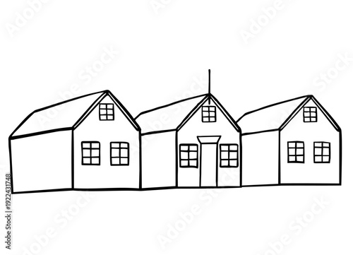 On a white background, several small Norwegian wooden buildings are lined up very close together. Isolated on white background. Architecture element of Iceland
