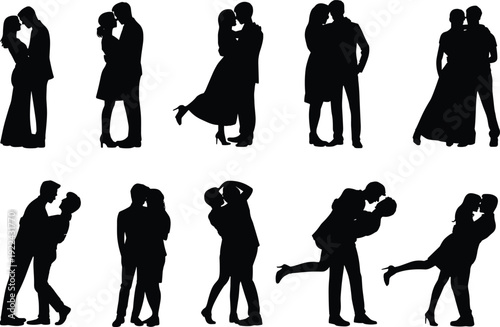 Silhouettes Of Romantic Couples Embracing And Kissing In Various Poses Against A White Background romance
