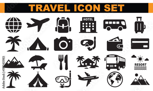 A collection of travel icons on a white background for design and navigation purposes