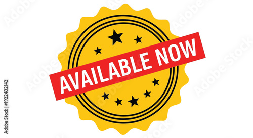 Available now badge label design showing promotional offer marketing and sale concept