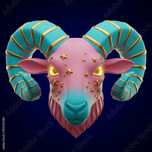 Three Dimensional Rendering of Pink and Blue Ram Head with Gold Stars and Glowing Eyes on Dark Background