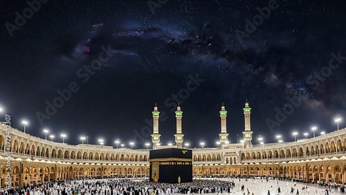 Kaaba in Mecca at Night under Milky Way, Pilgrims Performing Tawaf