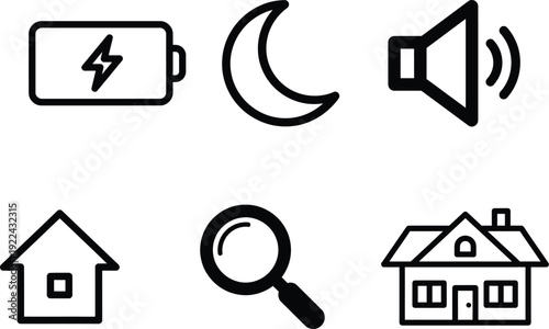 Set of black line icons for user interface and web design  battery moon speaker house magnifying glass home