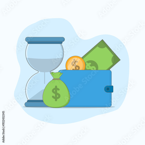 An illustration of finances that will be liquid over time or long-term investments. Concept with icons of a wallet, coins and paper money, an hourglass, and a money bag.