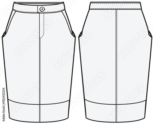 Women Pencil Skirt Flat Sketch Illustration, Formal Tight Skirt Fashion Technical CAD Drawing Vector