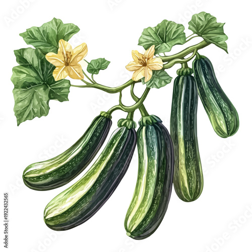 Zucchini On A Tree Branch, detailed watercolor clipart vector, isolated on a pure white background.
