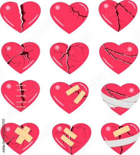 Red Heart broken to pieces. Icon set. Heart cracked and broken concept. First aid plasters on heart. Breakup or divorce, heartbreak regret, separated couple, tragic love. Broken Red Heart