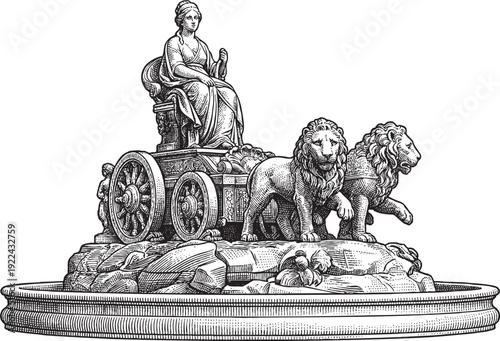 Cibeles Fountain Madrid Vintage Engraving Illustration