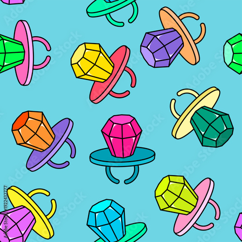 Ring Pop from 90s. Candy gem ring. Funny children lollipop ring pop. Plastic ring with a large diamond. Candy jewel. Pop art comic style 80s 90s