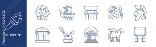 Museum set icon. Collection with pharaoh mask, viking ship, ancient column, archer statue, spartan helmet, temple facade, scroll parchment, classical building, winged horse, framed artwork