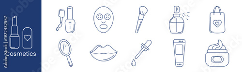 Cosmetics set icon. Collection with nail polish bottle, face mask, makeup brush, perfume spray, shopping bag, mirror, lips, dropper, cream jar, lotion tube