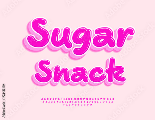 Vector Pink badge Sugar Snack. Creative 3D Font. Cute Handwritten set of Alphabet Letters and Numbers