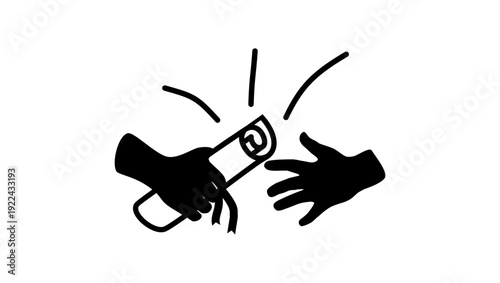 The graduate receives the diploma, holding it in his hands, black isolated silhouette