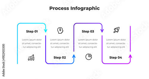 4 Step Outline Process Infographic Zigzag Flow Diagram with Vertical Arrows and Sequential Blocks Structure