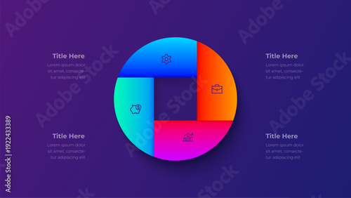 4 Step Circular Process Infographic Quarter Segment Diagram with Square Center Layout on Dark Background